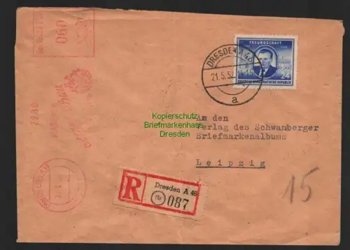 B7084 DDR R-Brief Dresden 1952 Gebühr für Einschreiben NASEMA Mühlenbau