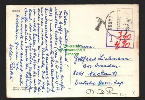 B7229 AK Postkarte Osijek Kroatien 1979 ohne Marke Nachgebühr "T" Taxe 
