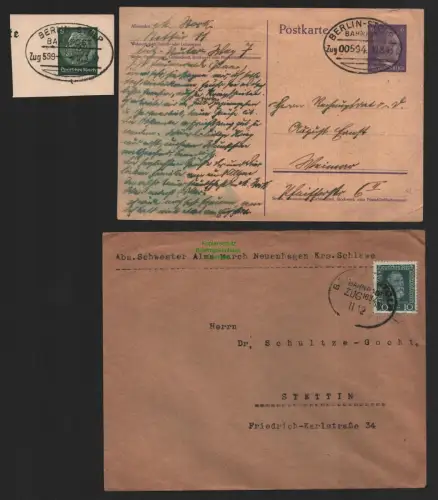 B8811 DR Postkarte Bahnpost Berlin - Stolp 1943 Zug 00594 + Briefstück Zug 599