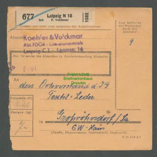 B6570 DDR Paketkarte 1952 markenlos Gebühr bez. Leipzig n Großröhrsdorf