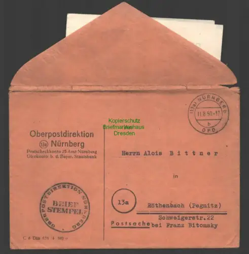 B7496 BRD 1950 OPD Nürnberg Postsache nach Röthenbach Pegnitz Zeitgeschichte