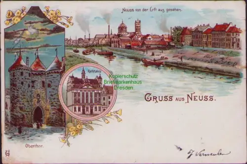 168454 AK Neuss Litho 1904 Oberthor Rathhaus Neuss von der Erft aus gesehen