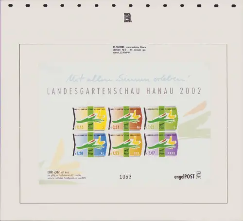 B-50309 Privatpost Engel Post Hanau 2002 Landesgartenschau nummerierter Block po