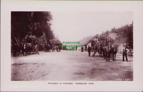 168505 AK STEAMER & COACHES TROSSACHS PIER Schottland Pferde Fotokarte um 1920