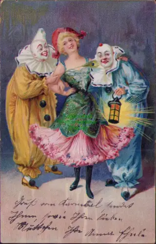 168582 AK Cöln Köln Sülz 1913 Gruß vom Karneval 2 Clowns mit Tänzerin Prägekarte