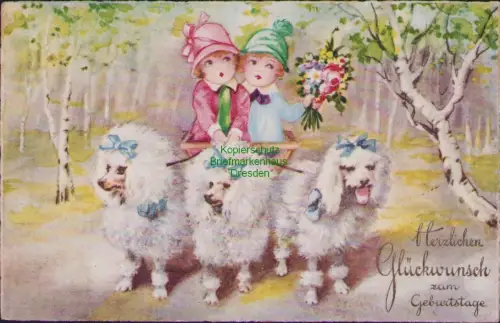 168571 AK Dresden 1931 Herzlichen Glückwunsch zum Geburtstage Kinder 3 Pudel zie