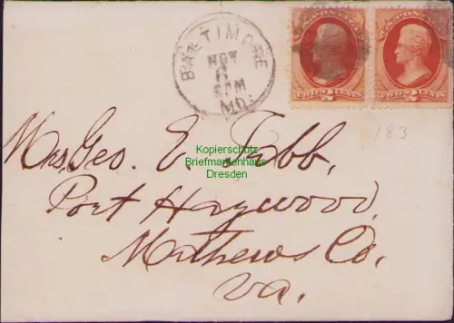 B23015 Brief Baltimore USA 2x 47 um 1875 , Umschlag links verkürzt