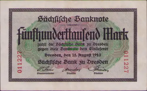 B23019 Banknote Geldschein Sächsische Bank zu Dresden 1923 500000 Mark