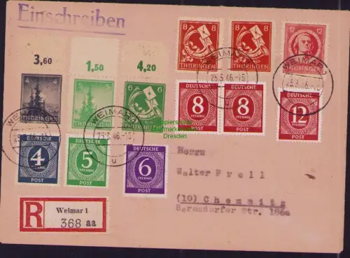 B23034 Brief SBZ Thüringen Einschreiben Weimar nach Chemnitz 1946  gepr. Ströh B