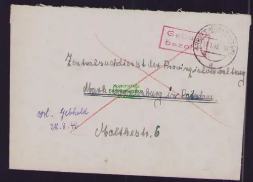 B23040 Brief SBZ Gebühr bezahlt Grevesmühlen 1946 an Suchdienst Mark Brandenburg