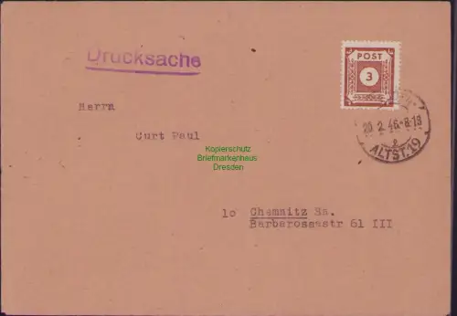B23052 Brief SBZ Ostsachsen 1946 56 EF Dresden Altstadt nach Chemnitz Drucksache