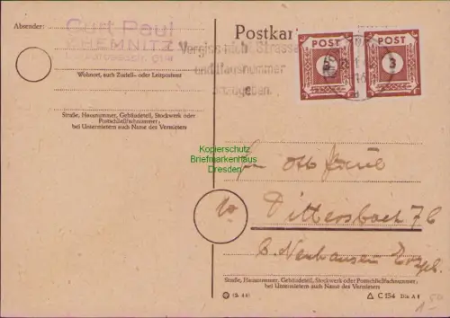 B23055 Postkarte SBZ Ostsachsen 1946 56 MeF Chemnitz nach Dittersbach