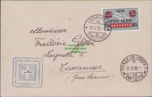 B23087 Brief Schweiz 325 Pro Aero 1938 Lausanne nach Chaux-de-Fonds