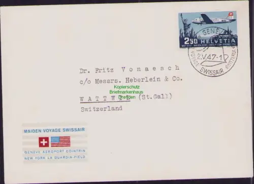 B23091 Brief Schweiz 479 1947 Erstflug der Swissair Genf–New York