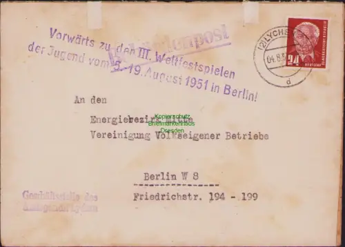 B23116 Brief DDR Propaganda Oranienburg 1951 Vorwärts zu den III. Weltfestspiele