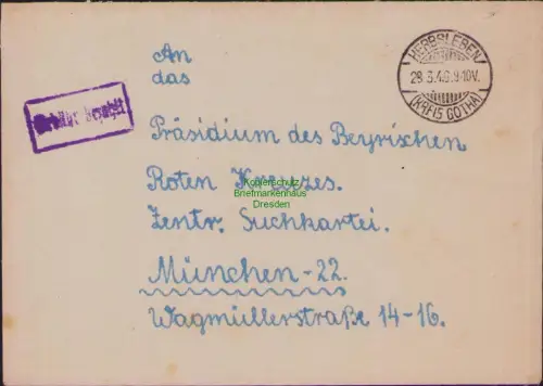 B23144 SBZ Brief Gebühr bezahlt Herbsleben Kreis Gotha 1946 an DRK in München