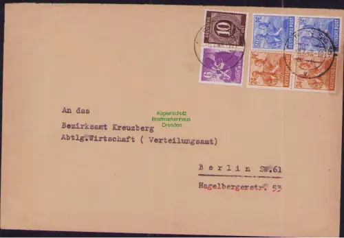 B23183 SBZ Währungsreform Zehnfachfrankatur 1948 Ortsbrief Berlin SO 36 nach SW