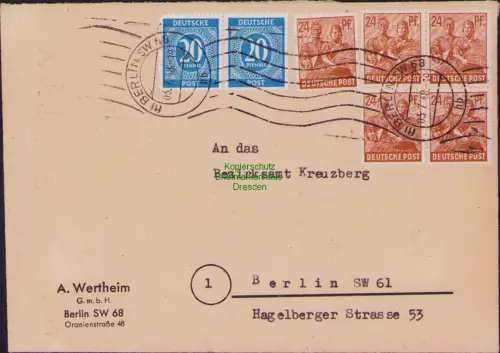 B23184 SBZ Währungsreform Zehnfachfrankatur 1948 Ortsbrief Berlin SW 68 nach SW