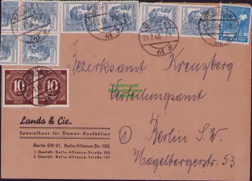B23187 SBZ Währungsreform Zehnfachfrankatur 1948 Ortsbrief Berlin SW 61 an Bezir