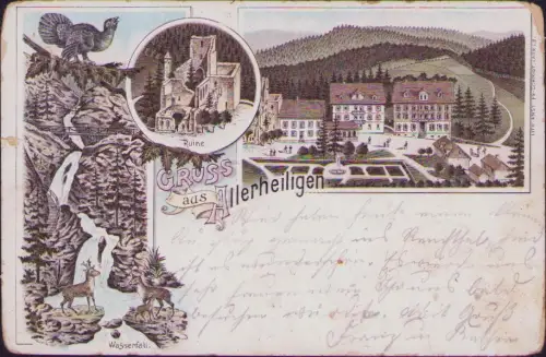 191697 AK Kloster Allerheiligen Schwarzwald Wasserfall Ruine 1901 Litho Marke ab