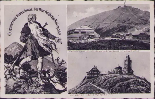 191730 AK RIESENGEBIRGE SCHLESIERHAUS U. RIESENBAUDE MIT SCHNEEKOPPE 1938 AUF DE