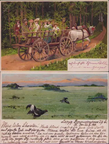 191749 2 AK FRÖHLICHE PFINGSTEN! Mailick Künstlerkarte 1901 Auerhahn Pferdefuhrw