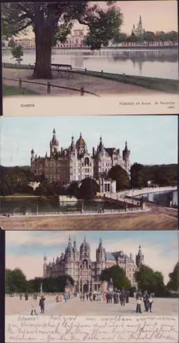 191755 3 AK SCHWERIN Pfaffenteich mit Arsenal. St. Paulskirche 1907 Grossherzogl