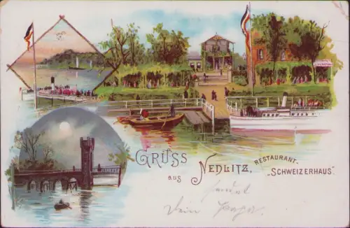 191889 AK Nedlitz bei Potsdam Litho 1900 SCHWEIZERHAUS RESTAURANT NEDLITZ rechts