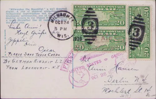 B-22993 USA Postkarte Milwaukee Wis. 1928 Zeppelin First Airmail nach Berlin