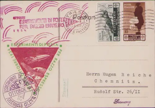 B-22996 Karte Raketenpost Italien 1934 Trieste Esperimenti di Posta Per Razzo Es