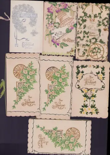 B-22981 7x Glückwunschkarte Hochzeit um 1910 1920 teilweise aufwändig geprägt ge