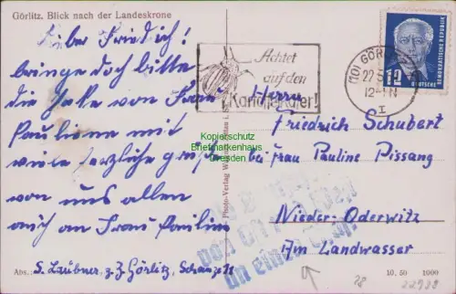B-22938 DDR Postkarte Görlitz 1951 Propaganda Stempel Alle Deutschen von Ost und
