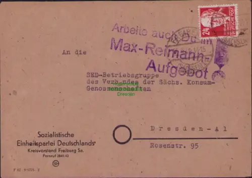 B-22929 SBZ Brief Freiberg Sachsen 1949 Propaganda Stempel  Arbeite auch Du im M