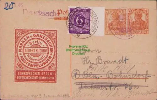 B-22924 Alliierte Besetzung Berlin Charlottenburg 1946 auf Ganzsache Deutsches R