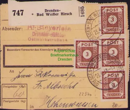 B-22970 SBZ Ostsachsen großer Paketkartenteil Dresden Bad Weißer Hirsch mit 20x