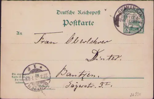 B-22990 DSWA Deutsch Südwestafrika Okahandja 1907 Frageteil Antwortganzsache Bed