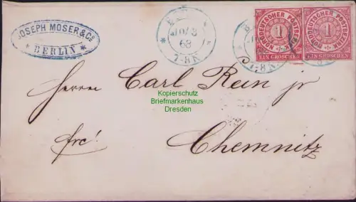 B-22954 NDP Brief Berlin 1868 Joseph Moser  Co. nach Chemnitz