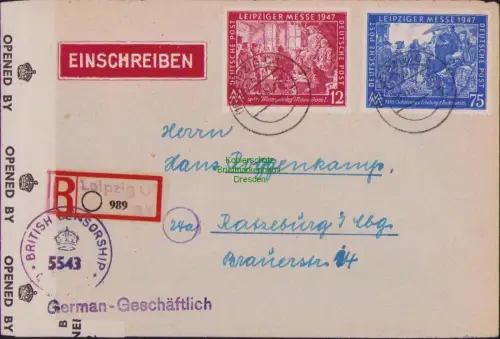 B-22922 Brief Alliierte Besetzung 965 966 Einschreiben 1947 Leipzig nach Ratzebu