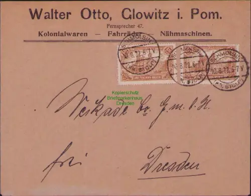 B-22944 Deutsches Reich DR Brief Inflation 1922 Schmolsin Kr. Stolp Glowitz nach