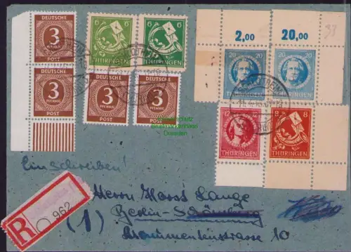 B-22964 SBZ Thüringen mit 2x 98 A Einschreiben Schlotheim 1946 Not R-Zettel Orts