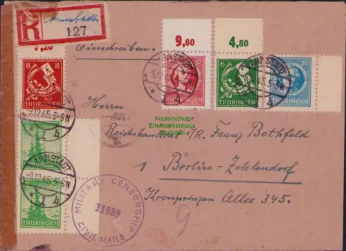 B-22962 SBZ Thüringen ex 92-98 A Einschreiben Arnstadt 1945 Not R-Zettel Ortsnam