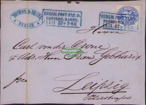 B-22948 Preußen 17 Briefvorderseite Berlin Potsdamer Bahnhof 1867 nach Leipzig