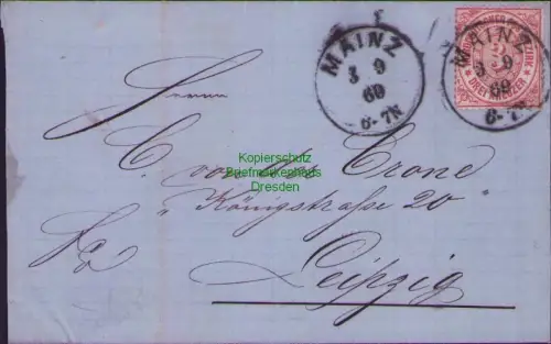 B-22953 NDP Briefvorderseite Mainz 1869 nach Leipzig