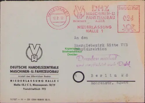 B-22933 DDR 1952 Halle Saale Brief Propaganda Stempel Dresden mahnt und verpflic