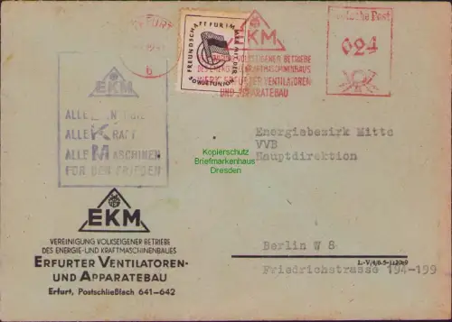 B-22932 DDR 1951 Erfurt Brief Propaganda Stempel Für den Frieden und Vignette Fr