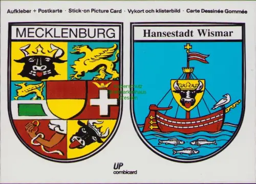 B-22976 Aufkleber + Postkarte AK UP combicard Mecklenburg Hansestadt Wismar um 1