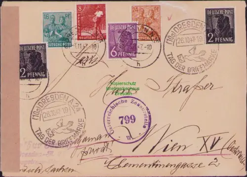B-22923 Brief Alliierte Besetzung Dresden 1947 nach Wien SST Tag der Briefmarke