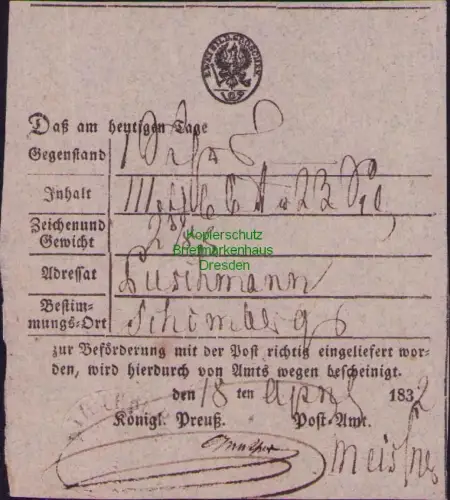 B-22952 Hirschberg Posteinlieferungsschein 1832 nach Schömberg