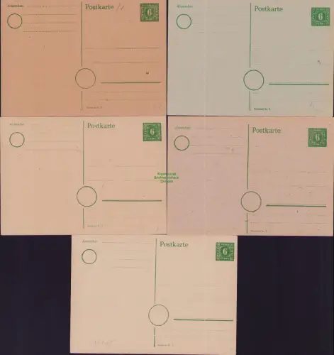 B-22983 SBZ Mecklenburg MVP 5x GS Ganzsache 6 Pfg. verschiedene Kartonfarben ung