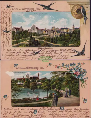 192376 2 AK Gruss aus Wittenberg Elbe 1904 Partie am Elstertor Schwanenweiher